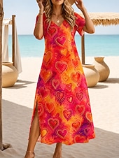 economico Abiti floreali-Per donna Abito maxi Abito a trapezio Casual Ferie Data Vestibilità regolare Floreale Grafico Leopardo Manica Corta Scollo a V Blu Rosso Viola Blu scuro Estate Primavera