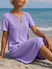  Dames Knielengte jurk Boho-jurk Kanten jurk Elegant Dagelijks Ruim Passend Effen Korte mouw V-hals Licht Blauw gebroken wit Paars Donkerblauw Zomer