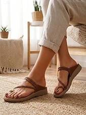 economico Sandali Comodi-Infradito da donna marrone scuro con cinturino intrecciato, comode e imbottite, con suola leggera e flessibile, ideali per vacanze al mare, viaggi in resort, passeggiate quotidiane e abbigliamento