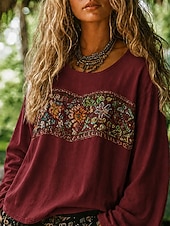 tanie Koszule-Damskie Koszula Koszule lniane Koszula Boho Bluzka Haft Kwiaty Codzienny Boho Długi rękaw W serek Zwykłe topy Codzienny Święto Czarny Fuksja Pomarańczowy Morelowy Szary Lato
