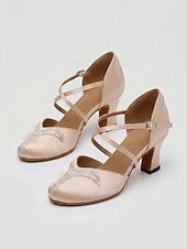 abordables Ballroom Shoes &amp; Modern Dance Shoes-Women's Light Pink Rhinestone Satin Ballroom Dance Shoes – Closed Toe Dance Heels with Crystal Accents &amp; with Cross Straps for Waltz, Foxtrot, Tango &amp; Social Dancing