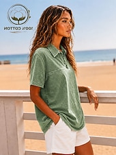  Per donna Maglia Henley Lavaggio acido Lavaggio vintage Tinta unica Elegante Vintage Moda Manica Corta Colletto a Camicia Top lunghi Casuale Spiaggia Blu Viola Verde Estate Primavera