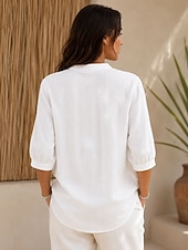  Women's Linen Shirts Blouse Solid Color Vintage Stylish Classic 3/4 Length Sleeve Henry Collar Regular Tops Casual Daily Office White Summer Spring
