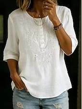 cheap Plain Blouses-Women's Shirt Eyelet Top Boho Shirt Lace Shirt Lace Embroidered Elegant Bohemia Vacation 3/4 Length Sleeve Long Tops Casual Blue White Yellow Orange Brown Summer Spring