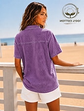  Per donna Maglia Henley Lavaggio acido Lavaggio vintage Tinta unica Elegante Vintage Moda Manica Corta Colletto a Camicia Top lunghi Casuale Spiaggia Blu Viola Verde Estate Primavera