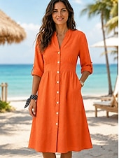  Per donna Abito al ginocchio Abiti in cotone e lino Abito Camicia Elegante Vacanza Classico Quotidiano Ufficio Vacanza Vestibilità regolare Semplice Manica Lunga Scollo a V Rosso Blu marino Arancione