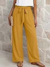 abordables Pantalones de pierna recta-Women's Wide Leg Vacation Lounge Pants Long High Waist Plain Tie Comfortable Micro-elastic Vacation Black Yellow Pink Blue Summer Spring Loose Fit