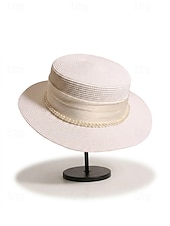 cheap Women's Hats-Women's Flat Top Straw Boater Hat, Pearl Trim Summer Sun Hat, Multiple Colors, Elegant Wide Brim Vacation Beach Hat for Travel, Resort, Garden Party &amp; Daily Wear