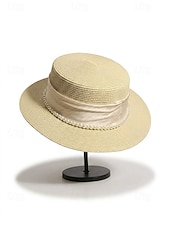 cheap Women's Hats-Women's Flat Top Straw Boater Hat, Pearl Trim Summer Sun Hat, Multiple Colors, Elegant Wide Brim Vacation Beach Hat for Travel, Resort, Garden Party &amp; Daily Wear