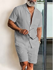 preiswerte Baumwoll-Leinenhemd-Herren Leinenhemd Zweiteilig Hemd Set Und Shorts Leinenshorts Strandshorts Set Einfach Einheitliche Farbe Lässig Täglich Outdoor Umlegekragen Kurzarm Sommer Mode Lässig Bequem Bekleidung