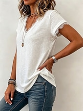  Mulheres Camiseta T-shirt Renda Patchwork Côr Sólida Elegante à moda Manga Curta Decote V Tops regulares Casual Branco Verão Primavera