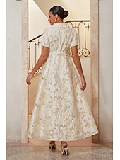 preiswerte Polished Edit-Damen A-Linie Cocktailkleid Kleid für Hochzeitsgäste Knöchellänge Revers Kurzarm Empire-Taille Elegant Vintage Mutter der Braut Formell mit Jacquard Gürtel Blumig Champagner