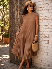 cheap Plain Dress-Women's Maxi Dress Shift Dress Elegant Vintage Daily Loose Fit Plain Sleeveless Crew Neck dark brown Black Yellow Sky Blue Spring