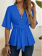 economico Bluse Semplici-Per donna Camicia Nodo frontale Volant Semplice Elegante Quotidiano Mezza Manica Manica a Palloncino Scollo a V Top lunghi Casuale All'aperto Blu Nero Bianco Arancione Rosa Estate Primavera