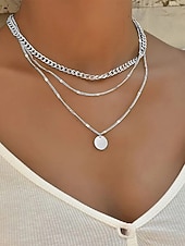 voordelige Dames ketting-Damesketting met ronde schijfhanger in goud-zilveren lagen, minimalistische meerlaagse ketting van legering, elegante ketting voor elke dag, geschikt voor vakantie, werk, feestjes en als cadeau.
