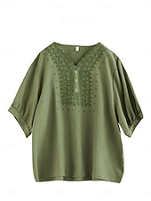  Per donna Camicia Tessuto Ricamato Bottoni Vintage Manica 3/4 Bianco Nero Verde Caffè Estate Primavera