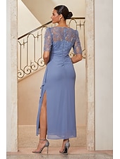  Women's Sheath Column Cocktail Dress Wedding Guest Dress Ankle Length V Neck Half Sleeve Illusion Sleeve Empire Waist Elegant Mother Of The Bride Semi Formal with Chiffon 3D Floral Mesh Lace Slit