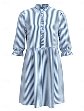abordables Robe Boho-Femmes Robe Longueur Genou Robe trapèze Élégant Quotidien Coupe régulière Rayé Demi Manches Col montant Bleu Kaki Été Automne