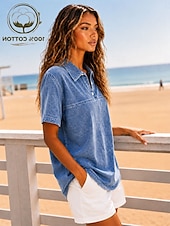  Per donna Maglia Henley Lavaggio acido Lavaggio vintage Tinta unica Elegante Vintage Moda Manica Corta Colletto a Camicia Top lunghi Casuale Spiaggia Blu Viola Verde Estate Primavera