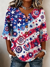 día de la independencia americana Mujer Blusa Retazos Botones Estampado Graphic Bandera estadounidense Vintage Elegante Media Manga Escote en Pico Tops regulares Casual Diario Festivos Azul Piscina