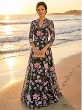 ieftine Lungimea podelei-Linia -A Rochii Lungime Podea Rochie de petrecere Rochie de Cocktail Rochie Mama Miresei Manșon Lung În V Elegant Epocă Luxos Oficial Invitat la nunta Petrecere Logodnă Dantelă Tulle cu Flori 3D