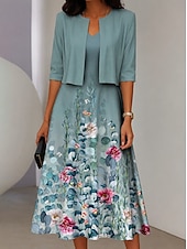 preiswerte Blumenkleid-Damen Zwei-Teiler Kleid Sets Midi Kleid mit Jacke Elegantes A-Linien Kleid Halbarm Casual Semi Formal Ombre Blumenmuster V-Ausschnitt Date Pink Blau Lila Regelmäßige Passform