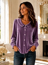 preiswerte Schicke Blusen-Damen Samt Bluse Elegant Stilvoll Langarm Peter Pan Kragen Normale Oberteile Lässig Blau Gelb Rosa Purpur Sommer Frühling Herbst Winter