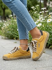 cheap Women's Sneakers-Women's Yellow Handcrafted Retro Casual Sneakers – Embroidery Lace-up Walking Shoes with Non-slip Sole for Travel, Outdoor Walking &amp; Everyday Wear