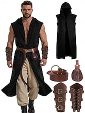 preiswerte Zubehör und mehr-Set Retro Vintage Mittelalterlich Renaissance Weste Taillengürtel Armschützer mit Zubehör Ärmellos Ritter Ranger Kostüm Herren Fantasie Halloween Karneval Renaissance-Messe LARP Erwachsene Weste