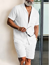 preiswerte Baumwoll-Leinenhemd-Herren Leinenhemd Zweiteilig Hemd Set Und Shorts Leinenshorts Strandshorts Set Einfach Einheitliche Farbe Lässig Täglich Outdoor Umlegekragen Kurzarm Sommer Mode Lässig Bequem Bekleidung