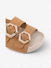 cheap Comfort Sandals-Women's Camel Wide Fit Arch Support Slide Sandals – Adjustable Double Buckle Comfort Walking Sandals with Cushioned Footbed, Wide Toe Box and Non-Slip Outsole for Travel and All-Day Comfort
