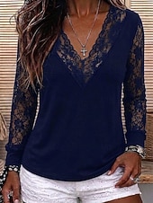 Dam Spets Splicing Top Blus Rynkad Spetskant Slät Elegant Vintage Stylish Långärmad V-hals Långa toppar Ledigt Dagligen Helgdag Svart Vin Marinblå Vinter