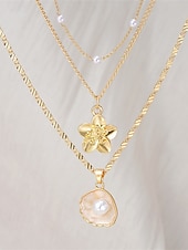 cheap Women's Necklace-Women's 3PCS Layered Necklace Set, Gold Alloy &amp; Faux Pearl Triple Strand Necklace with Flower and Shell Pendant, Elegant Summer Vacation Jewelry Gift