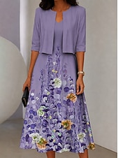 preiswerte Blumenkleid-Damen Zwei-Teiler Kleid Sets Midi Kleid mit Jacke Elegantes A-Linien Kleid Halbarm Casual Semi Formal Ombre Blumenmuster V-Ausschnitt Date Pink Blau Lila Regelmäßige Passform