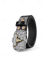 cheap Men's Belts-Men's Western Cowboy Belt, Vintage Embossed Faux Leather Belt for Men, Adjustable Length Country Style Waistband with Large Bull Skull Buckle, Retro Rodeo Jeans Accessory, Black Brown Colors