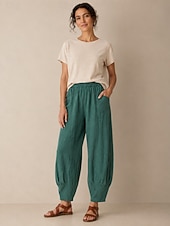abordables Collection de Lin en Premium-Pantalon large en lin pour femme, taille mi-haute, poches pleine longueur, ceinture élastique, couleur bordeaux et bleu azur, idéal pour les vacances