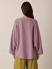 preiswerte Premium-Leinen-Kollektion-Leinenbluse für Damen mit langen Ärmeln, asymmetrischem Saum und V-Ausschnitt im Vintage-Stil, gelb, lila und beige, Herbst/Winter