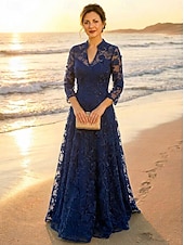 ieftine Lungimea podelei-Linia -A Rochii Lungime Podea Rochie de petrecere Rochie de Cocktail Rochie Mama Miresei Manșon Lung În V Elegant Epocă Luxos Oficial Invitat la nunta Petrecere Logodnă Dantelă Tulle cu Flori 3D