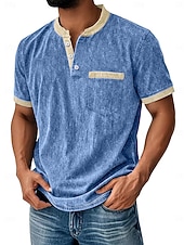 billiga Casual Henley T-shirt-Herr Henleytröja Tvätta skjorta i 100 % bomull T-shirt T-shirt Kortärmad Enfärgat Retro / vintage Ledigt Vintagestil Färgblock Tvättad Henley Ledigt Vår &amp; sommar Sommar Vår Blå Svart Marinblå Henley