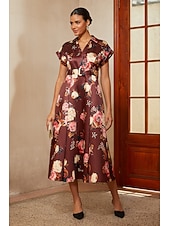 economico Rifinitura-Per donna Linea ad A Abito da Cocktail Abito da invitata a nozze Lunghezza Tè Scollo a V Bavero Manica Corta Spalla scesa Vita Alta Elegante Vintage Madre della sposa Semi-Formale con Raso Stampa