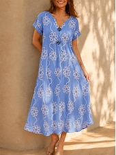 ieftine Rochii florale-Pentru femei Rochii Midi Rochie cu broderie florală Rochie de vară De Bază Clasic Zilnic Vacanță Potrivire Largă Floral Manșon scurt În V Albastru piscină Alb Vară Primăvară