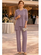cheap Mom's Pant Suits-Pantsuit Ankle Length Mother of the Bride Dress Half Sleeve Crew Neck Elegant Vintage Formal Wedding Guest with Solid Color