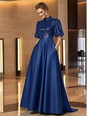 cheap A-Line Evening Dresses-A-Line Sweep Brush Train Evening Gown Elegant Glittering Sparkle Short Sleeve High Neck Wedding Formal Pocket Satin with Pleats Sequin