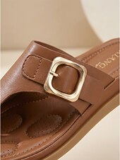 cheap Comfort Sandals-Women's Brown Buckle Comfort Slide Sandals – Cushioned Footbed Slippers, Open Toe Casual Summer Walking Sandals with Arch Support for All-Day Comfort, Travel, Vacation and Daily Wear
