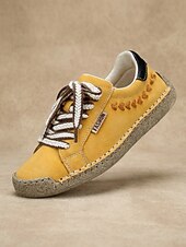 cheap Women's Sneakers-Women's Yellow Handcrafted Retro Casual Sneakers – Embroidery Lace-up Walking Shoes with Non-slip Sole for Travel, Outdoor Walking &amp; Everyday Wear