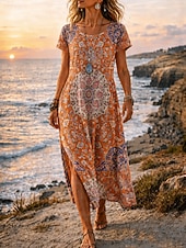  Damen Midikleid A Linie Kleid Lässig Strand Lässiger Schnitt Ombre Grafik Geometrisch Kurzarm Rundhalsausschnitt Gelb Dunkelgrün Orange Grün Sommer Frühling