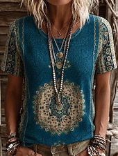 tanie T-shirt boho-Damskie Podkoszulek Nadruk Kwiaty Graficzny Geometryczny Zabytkowe Elegancki Codzienny Krótki rękaw W serek Długie topy Codzienny Weekend Niebieski Fioletowy / Niebieski Czarny Żółty Wino Lato Wiosna