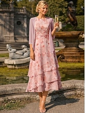 tanie Zestawy sukienek dla mamy-Two Piece A-Line Tea Length Wedding Guest Dress Mother of the Bride Dress Sleeveless 3/4 Length Sleeve Crew Neck Elegant Simple Minimalist Formal Semi Formal Chiffon Jacquard with Floral Print Ruched