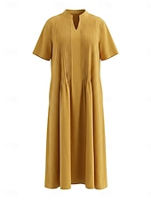 economico Vestito Semplice-abito lungo da donna elegante stile bohémien boho con pieghe, scollo a V, maniche corte, vestibilità ampia, tinta unita, blu chiaro, azzurro, giallo, verde chiaro, estate primavera