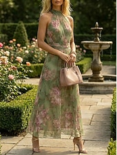 preiswerte Chiffonkleider-Damen Maxikleid Chiffonkleid Elegant Täglich Outdoor Normale Passform Blumen Ärmellos Neckholder Grün Frühling